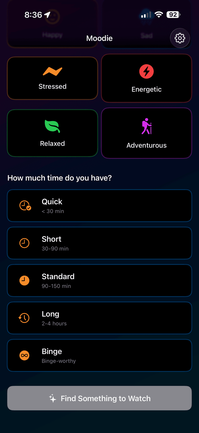 Mood and time selection screen