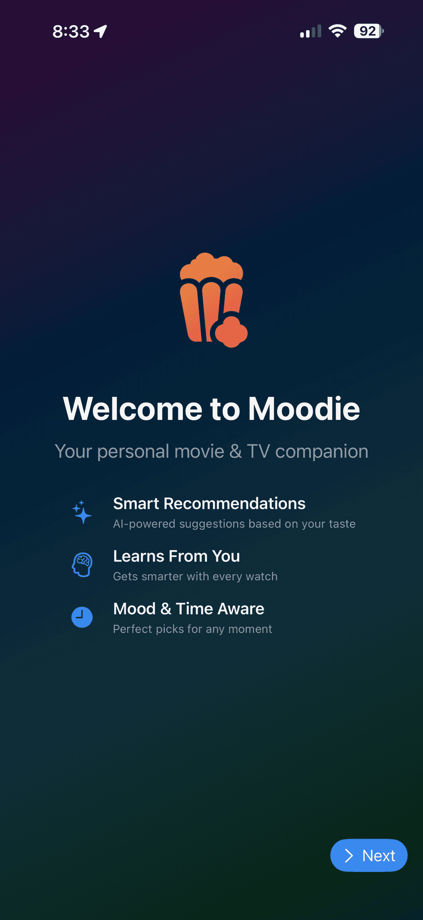 Moodie onboarding welcome screen